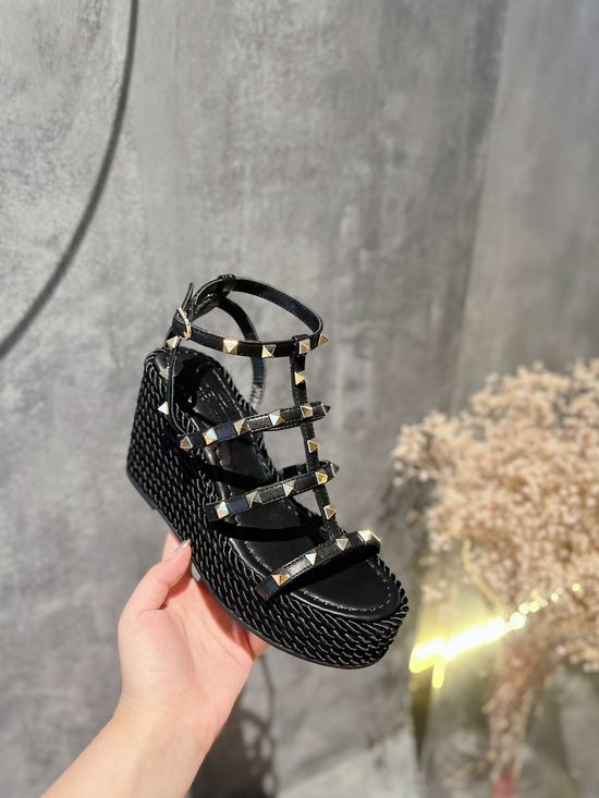 Valentino Rhinestone Decor Woven Espadrille Wedge Sandals
