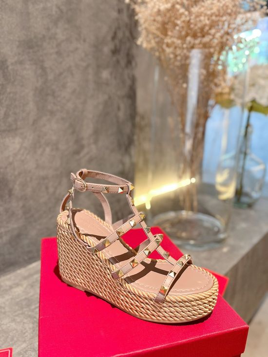 Valentino Rhinestone Decor Woven Espadrille Wedge Sandals