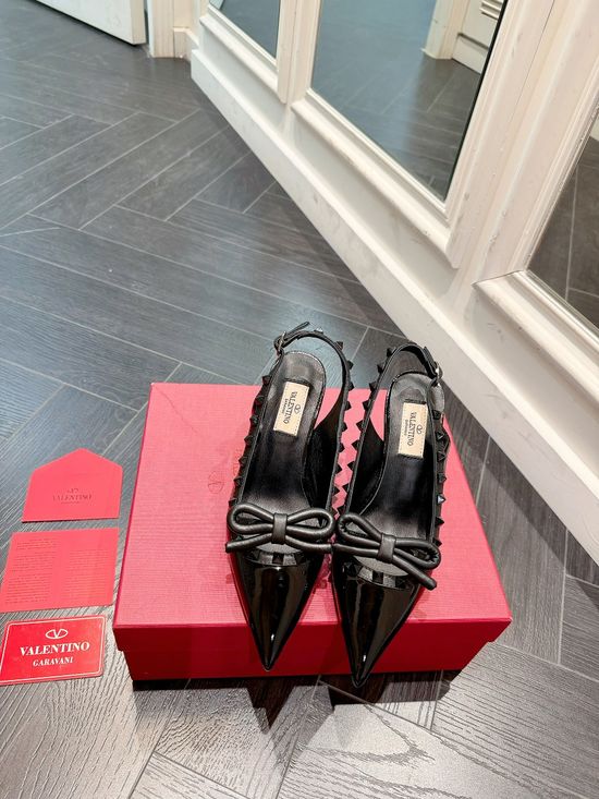 Valentino Rhinestone Decor Mid Heel Bow Cutout Back Shoes