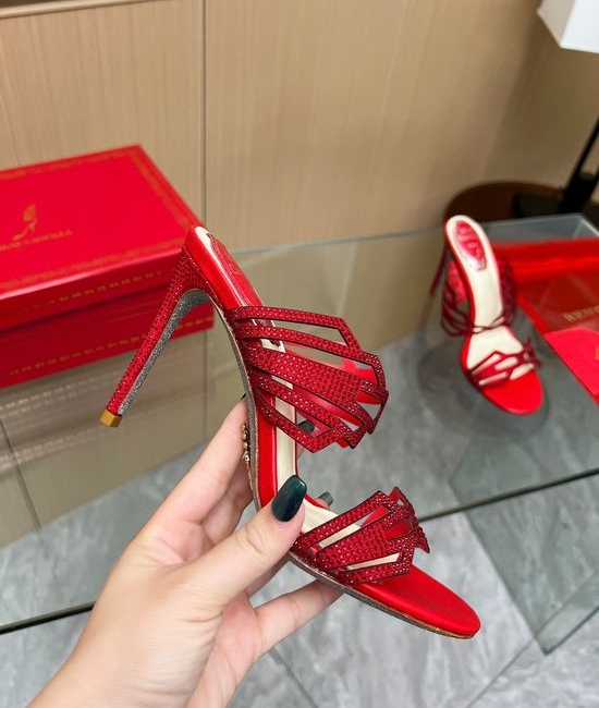 Rene Caovilla Elegant Crystal Embellished Heeled Sandals Shiny Sole Formal Occasion Shoes