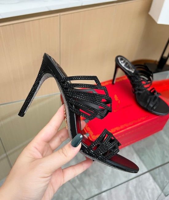Rene Caovilla Elegant Crystal Embellished Heeled Sandals Shiny Sole Formal Occasion Shoes