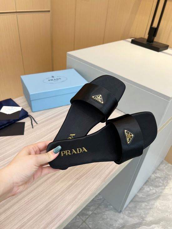 Prada Silk Upper Buckle Flats Lambskin Lining Leather Sole