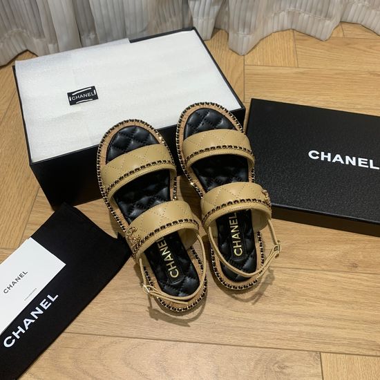 Chanel Chain Decor Flat Sandals Slimming Comfortable Leather Sole Shoes