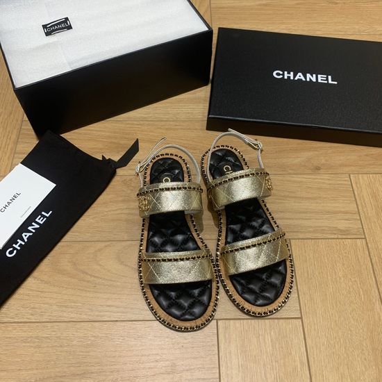 Chanel Chain Decor Flat Sandals Slimming Comfortable Leather Sole Shoes