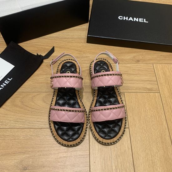 Chanel Chain Decor Flat Sandals Slimming Comfortable Leather Sole Shoes