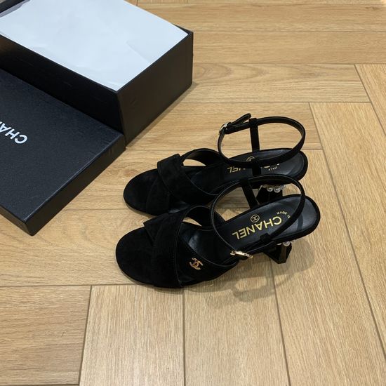 Chanel Pearl Heeled Slide Sandals Premium Cowhide Upper Silk Lining