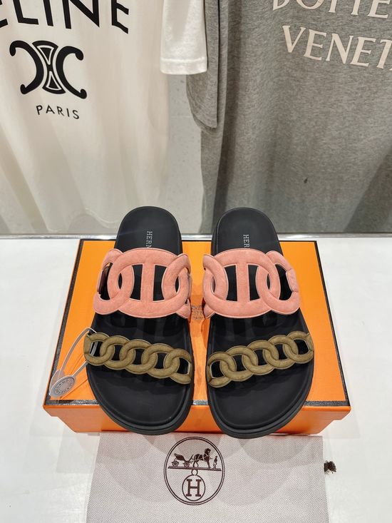 Hermes Classic Leather Slip-On Sandals Non-slip Casual Daily Footwear