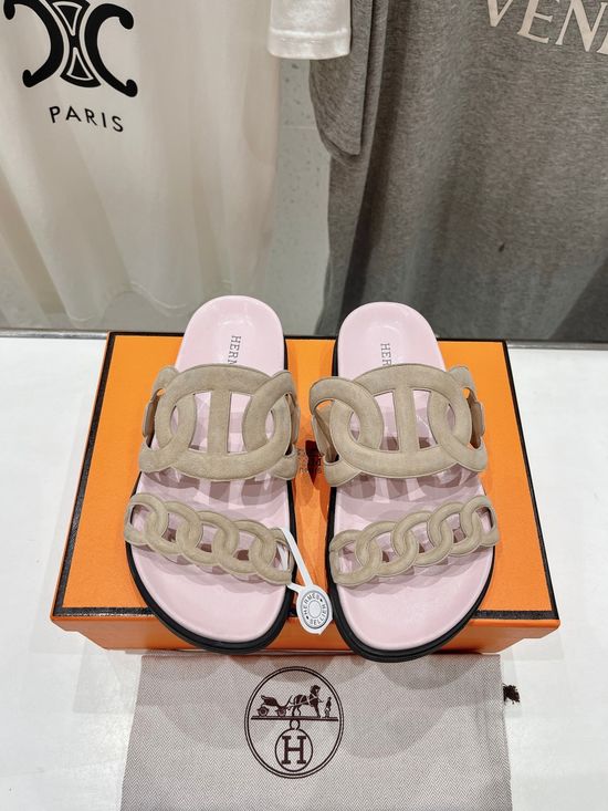 Hermes Classic Leather Slip-On Sandals Non-slip Casual Daily Footwear