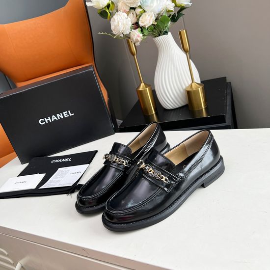 Chanel Retro Style Leather Loafers with Metal Buckle