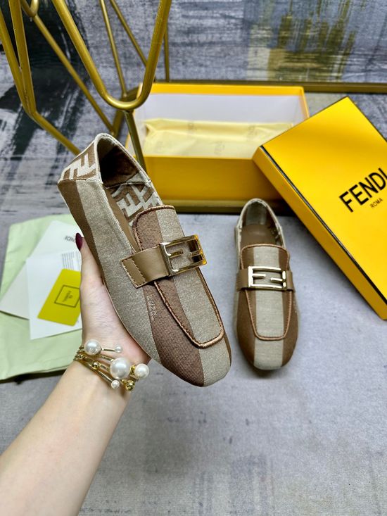 Fendi Canvas Loafers with Embroidery Trim and Metal Buckle