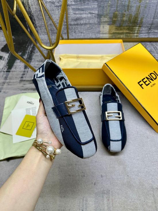 Fendi Canvas Loafers with Embroidery Trim and Metal Buckle