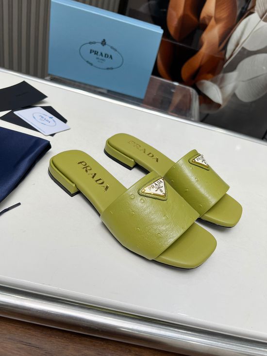 Prada Ostrich Pattern Leather Flat Sandals Multiple Colors