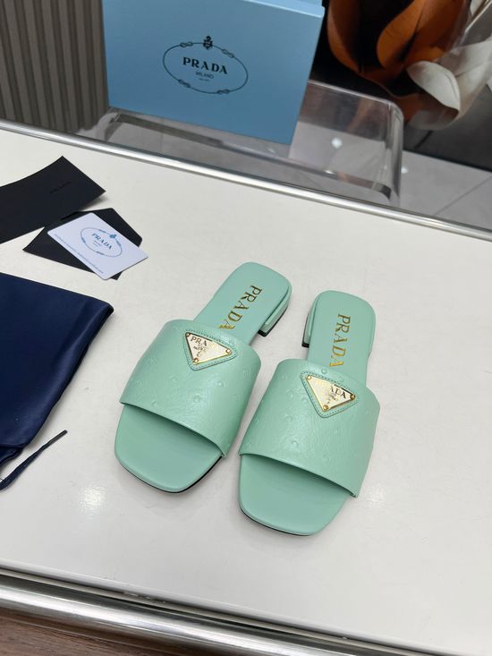 Prada Ostrich Pattern Leather Flat Sandals Multiple Colors
