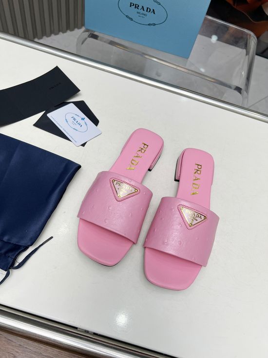 Prada Ostrich Pattern Leather Flat Sandals Multiple Colors