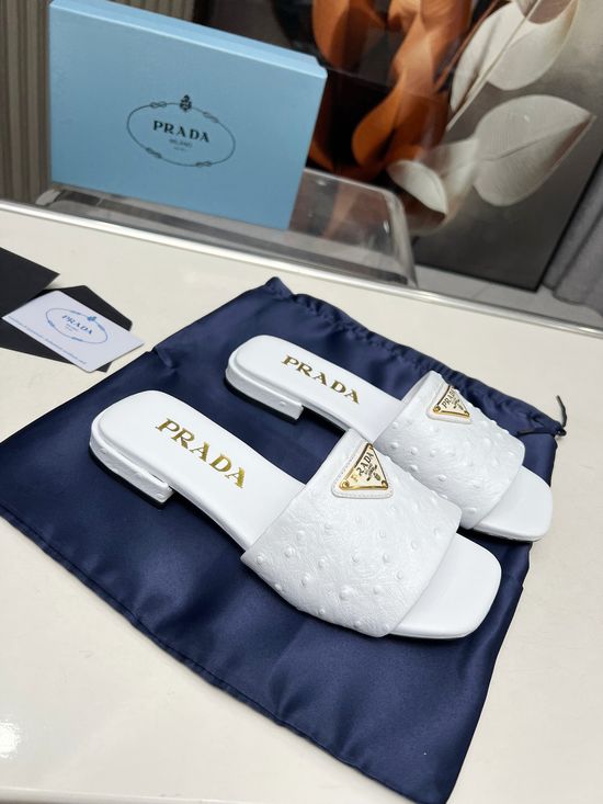 Prada Ostrich Pattern Leather Flat Sandals Multiple Colors