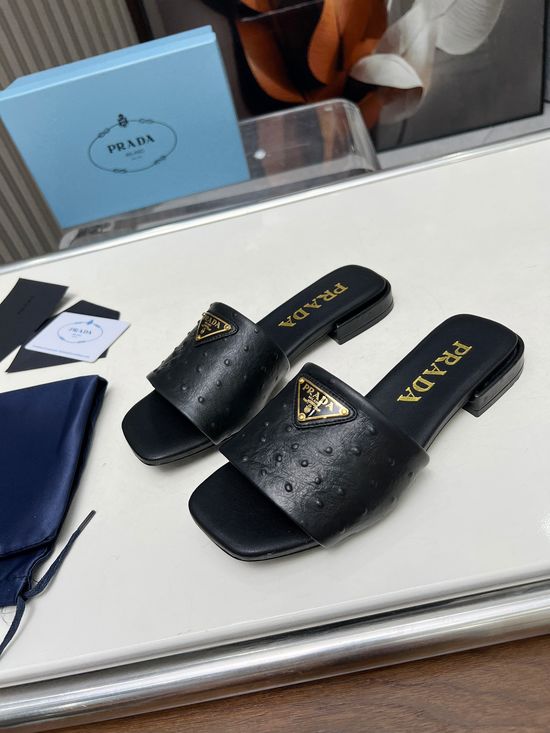 Prada Ostrich Pattern Leather Flat Sandals Multiple Colors