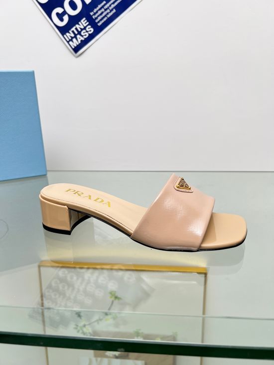 Prada Mid Heel Patent Leather Slides Comfortable Lining