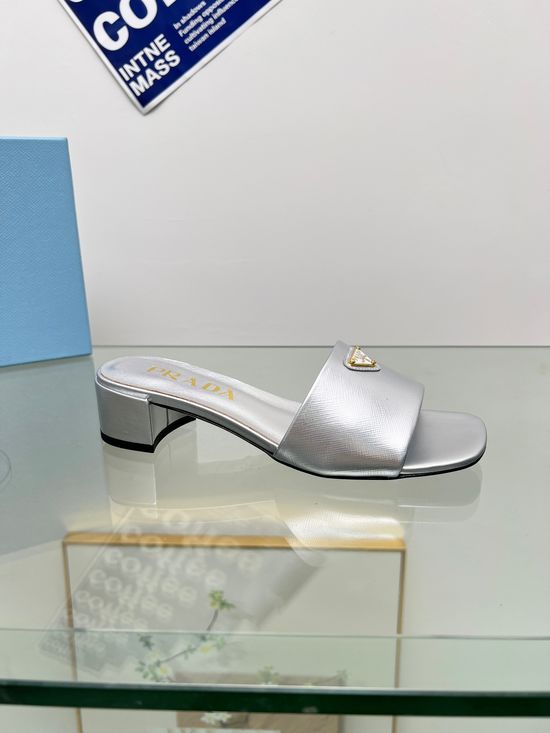 Prada Mid Heel Patent Leather Slides Comfortable Lining