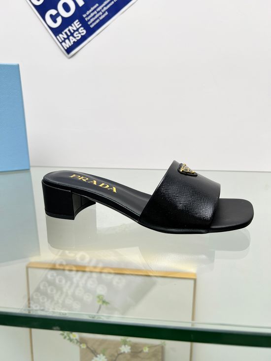 Prada Mid Heel Patent Leather Slides Comfortable Lining