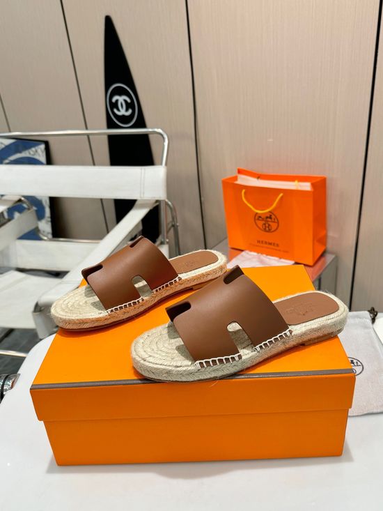 Hermes Woven Strap Genuine Leather Sole Casual Slide Slippers