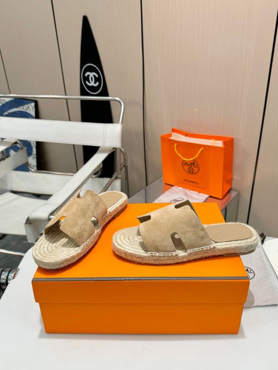 Hermes Woven Strap Genuine Leather Sole Casual Slide Slippers