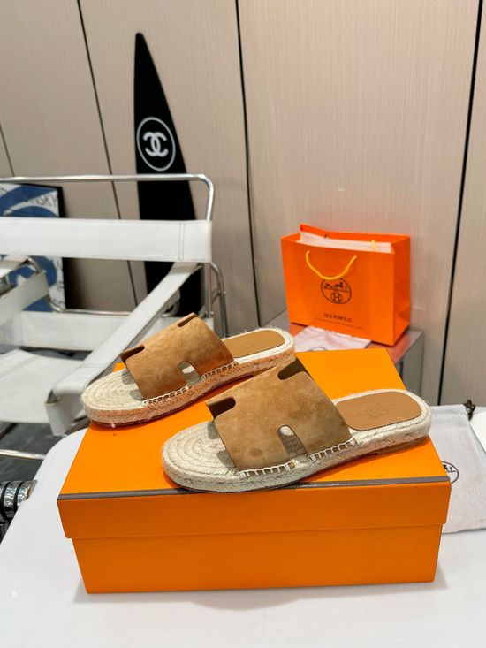 Hermes Woven Strap Genuine Leather Sole Casual Slide Slippers