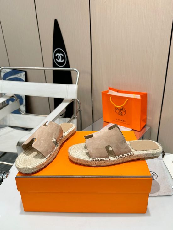 Hermes Woven Strap Genuine Leather Sole Casual Slide Slippers