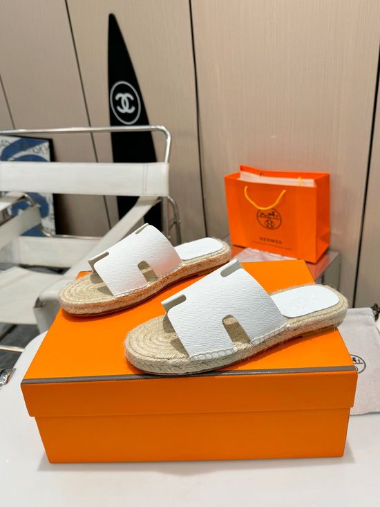 Hermes Woven Strap Genuine Leather Sole Casual Slide Slippers