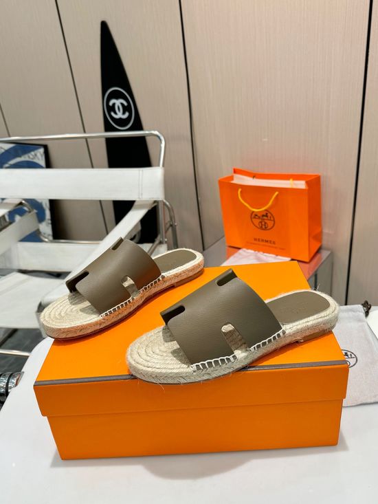 Hermes Woven Strap Genuine Leather Sole Casual Slide Slippers