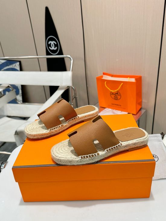 Hermes Woven Strap Genuine Leather Sole Casual Slide Slippers