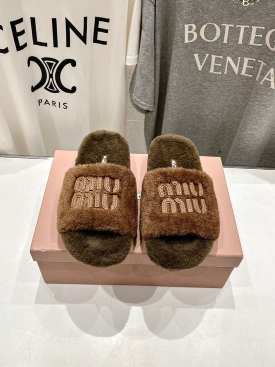 Miu Miu Soft Lamb Wool Closed Toe House Slippers Warm Cozy Lightweight