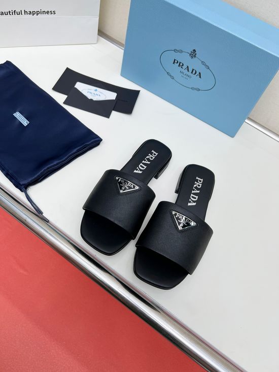 Prada Patent Leather Low Heel Slides Genuine Leather Sole