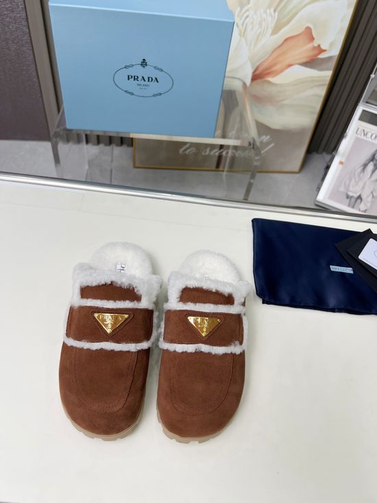 Prada Fuzzy Plush Slippers Soft Warm Anti-slip Sole
