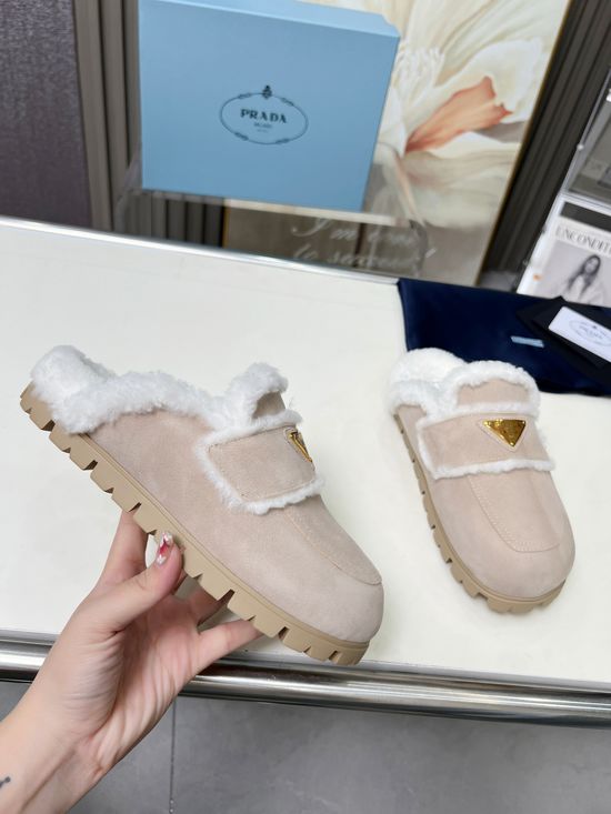 Prada Fuzzy Plush Slippers Soft Warm Anti-slip Sole