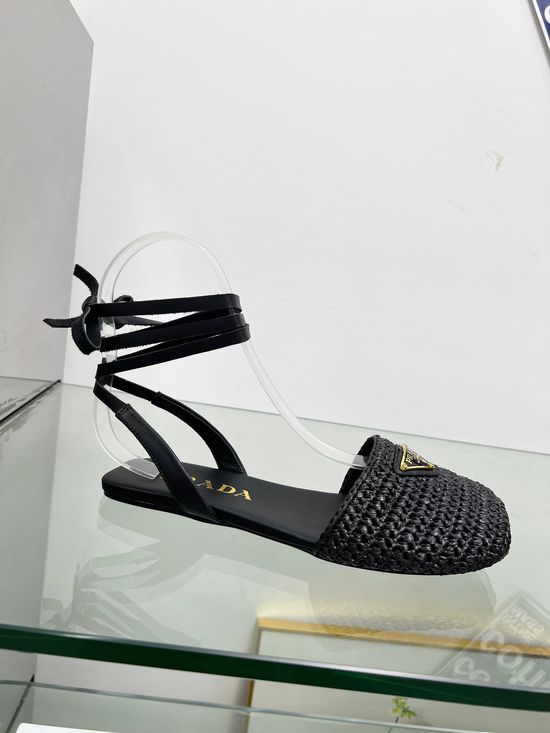 Prada Lightweight Raffia Slide Sandals with Metal Logo