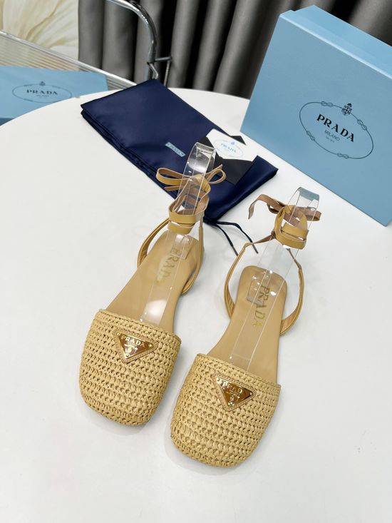 Prada Lightweight Raffia Slide Sandals with Metal Logo