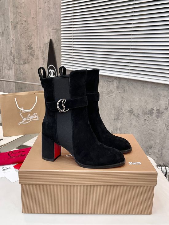Christian Louboutine Thick Heel Leather Ankle Boots with Elastic Details