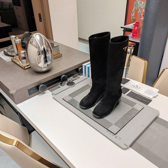Prada Comfortable Suede Knee High Boots Chunky Heel Non-slip Sole