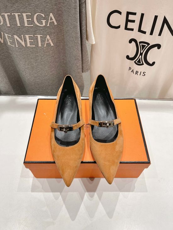 Hermes Suede Upper Pointed Toe Mary Jane Flats Comfortable Casual Shoes