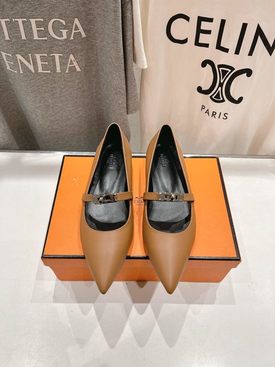 Hermes Pointed Toe Leather Upper Mary Jane Flats Comfortable Dress Shoes