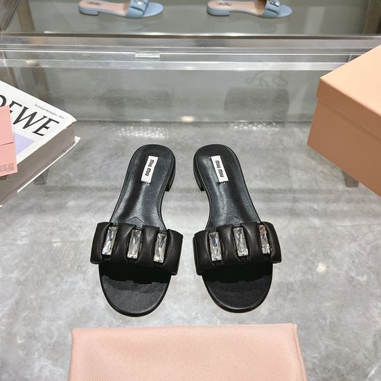 Miu Miu Rhinestone Embellished Slide Sandals Soft Sheepskin Upper
