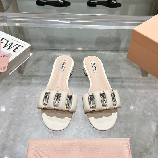Miu Miu Rhinestone Embellished Slide Sandals Soft Sheepskin Upper