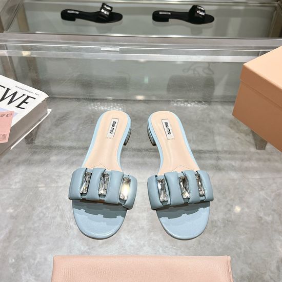 Miu Miu Rhinestone Embellished Slide Sandals Soft Sheepskin Upper
