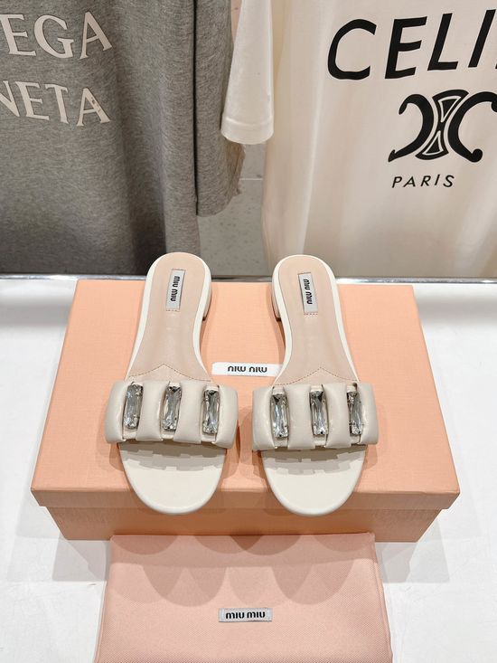 Miu Miu Rhinestone Embellished Flat Sandals with Soft Leather Upper