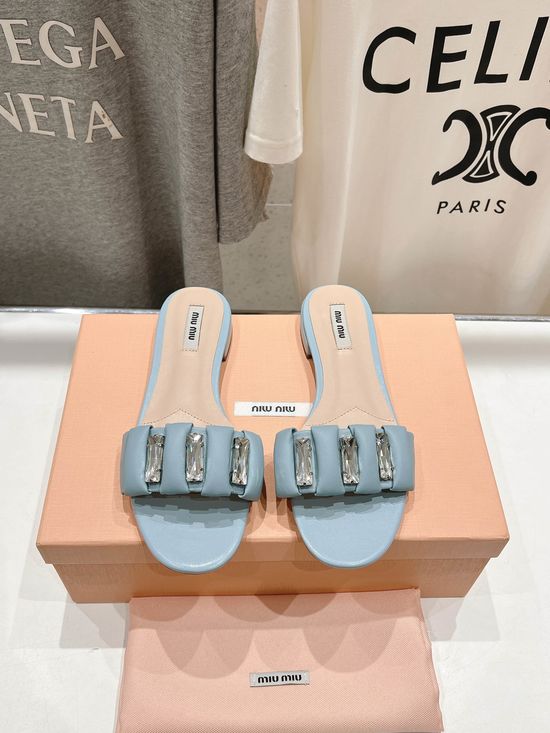 Miu Miu Rhinestone Embellished Flat Sandals with Soft Leather Upper