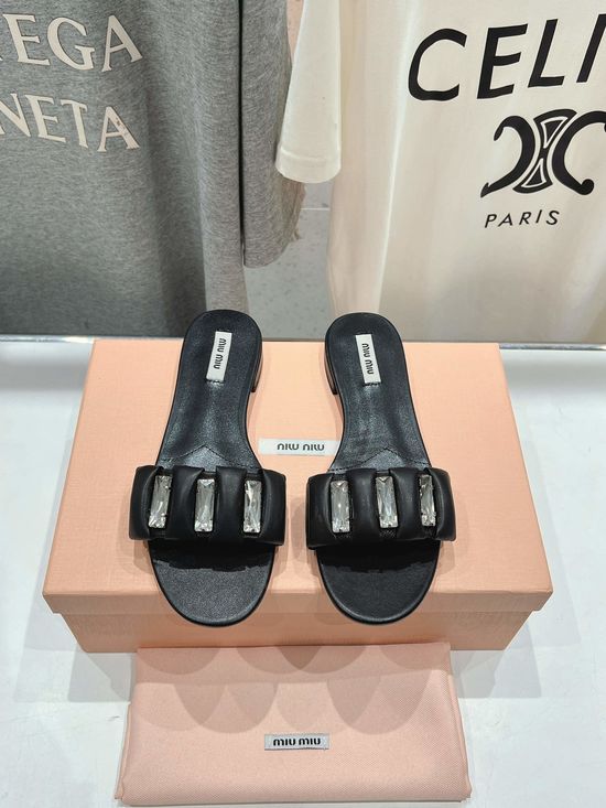 Miu Miu Rhinestone Embellished Flat Sandals with Soft Leather Upper
