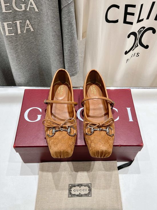 Gucci Bow Decor Square Toe Suede Leather Ballet Flats