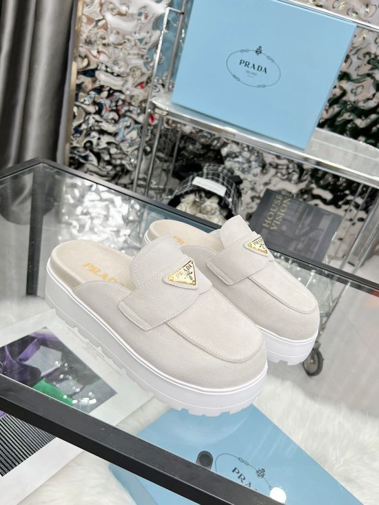 Prada Suede Closed Toe Slides with Geometric Heel