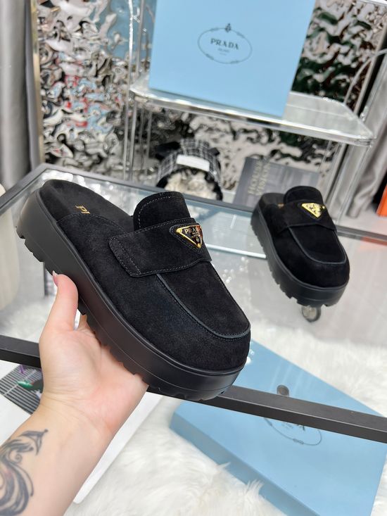 Prada Suede Closed Toe Slides with Geometric Heel