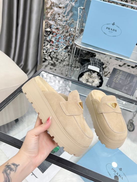 Prada Suede Closed Toe Slides with Geometric Heel